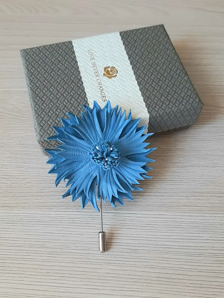 Blue cornflower men's lapel pin Leather boutonniere for him 3rd anniversary gift