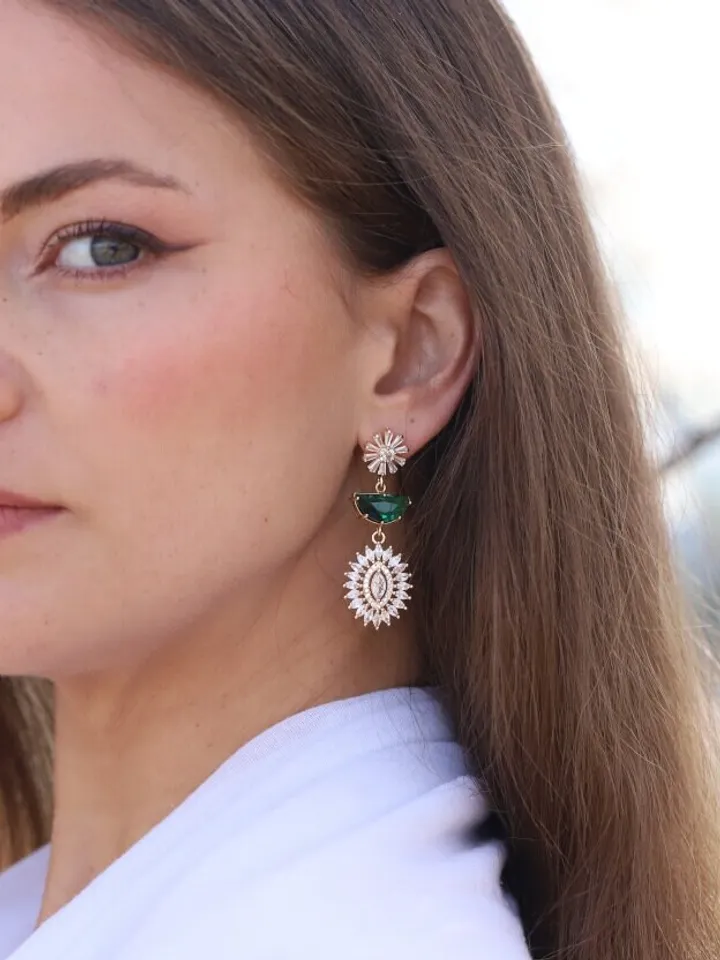 Art Deco Wedding Earrings, Gold Emerald Statement Bridal Earrings, Swarovski Ctystal Vintage Statement Wedding Jewelry, Boho Bridal Earrings