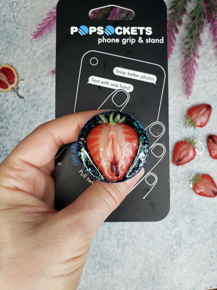 Strawberry phone grip, not swappable popsockets, polymer clay