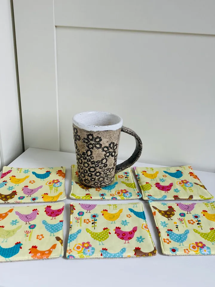 Coasters with Chickens Set of 6 Linen-cotton coasters 4.5'' x 4.5''