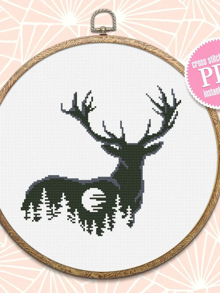 Deer silhouette cross stitch pattern download PDF Nature cross stitch chart, Deer hand embroidery PDF, Easy stitch beginner, Home decor #L52