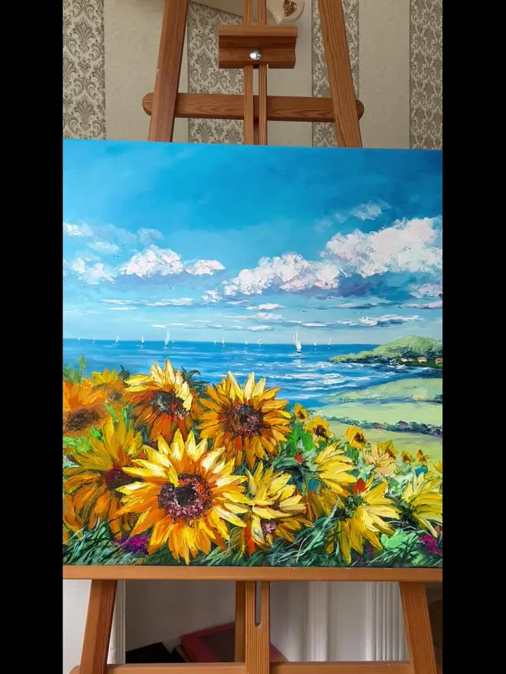 Original oil painting on canvas large artwork sunflowers fields and sea beautiful landscape realistic impasto art