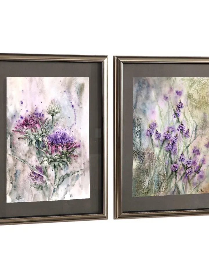 Flowers Watercolor Painting Floral Set of 2 Prints Wildflowers Wall art  Flowers Prints Artichoke Art