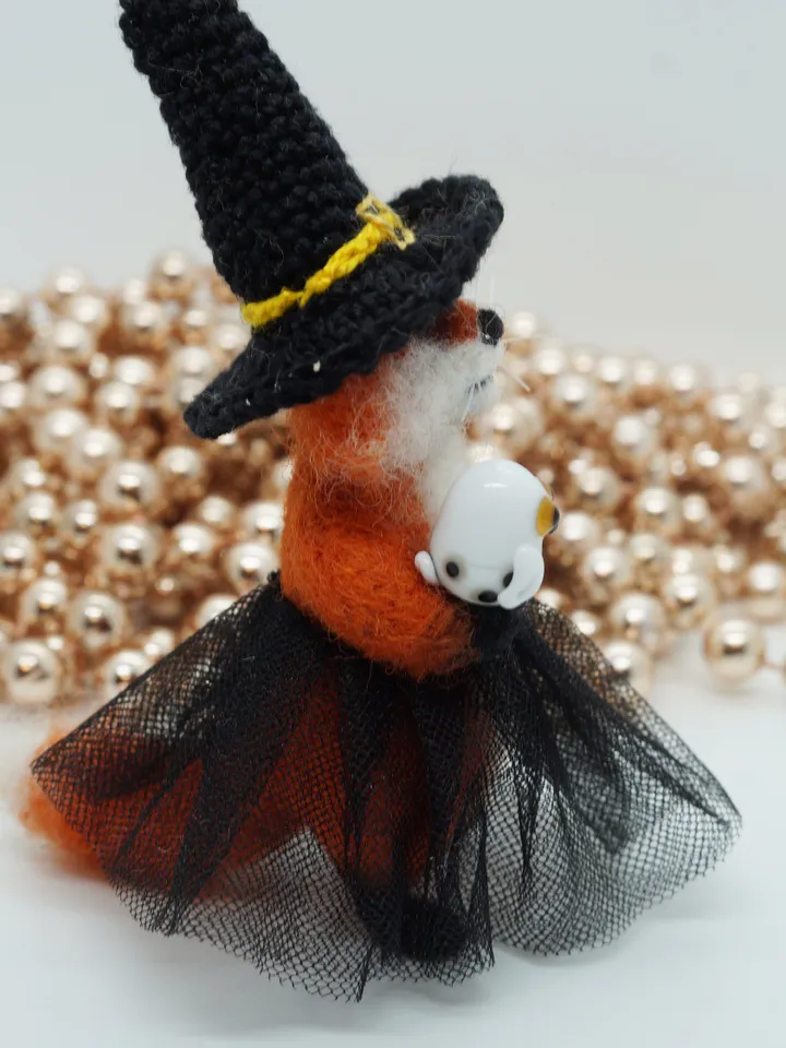 Glinda the fox, miniature needle felted fox in a witch outfit, ships from the US