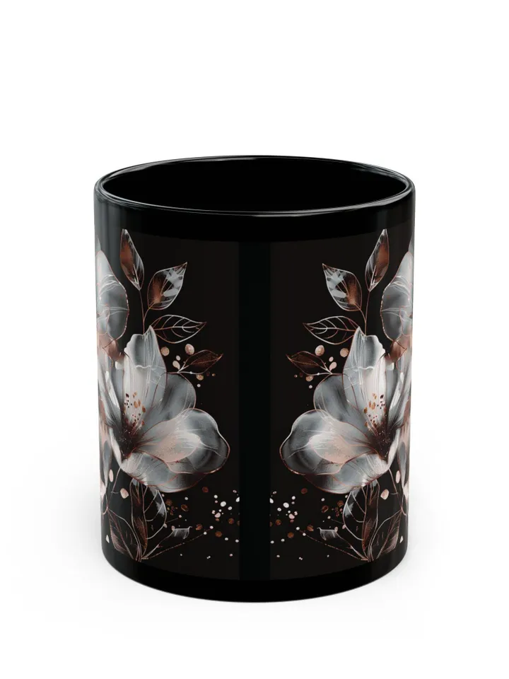 Elegant Floral Mug, Botanical Coffee Cup, Black Ceramic Drinkware, Gift for Gardeners, Mother's Day Present