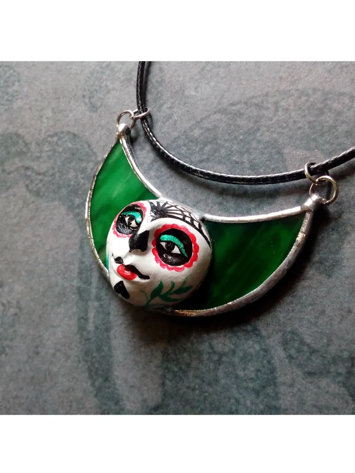 Stained glass moon, Moon Goddess, Moon phase necklace, Stainglass crescent, Full moon pendant, Moon face necklace