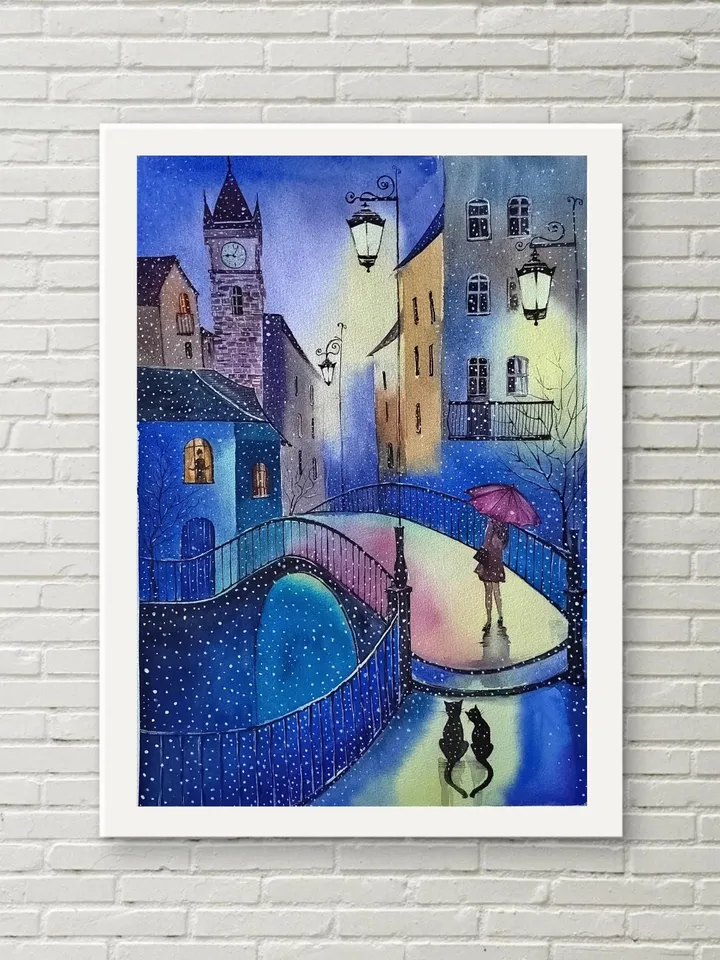 Winter Night Artwork Original Watercolor Painting Snowfall in Old Town 11.81x15.74 in by Art Café