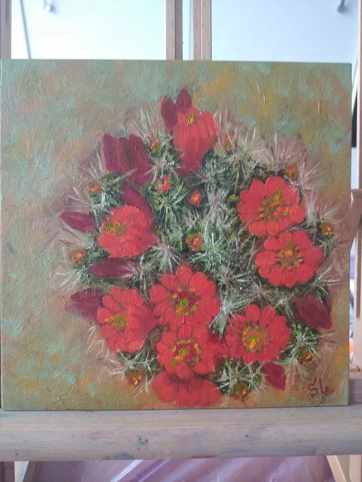 Oil painting of blooming cactus covered with thorns, original painting with red flowers, canvas 8x8 inches