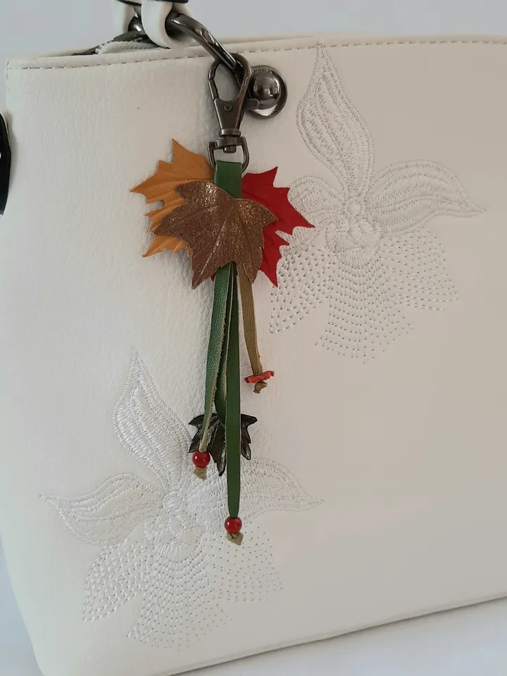 Orange maple Leaf Keychain Leather tassel charm Leather Pendant, art.3