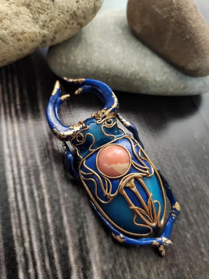 Blue Beetle Brooch, Insect Brooch, Large Beetle, Stag Beetle, Art Nouveau Beetl