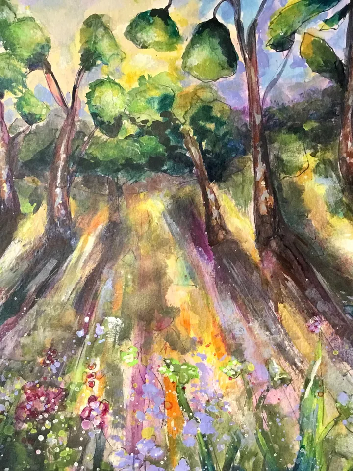 Fantasy landscape original watercolour painting,trees and flower fields on sunset,home decoration,wall hanging,gift.
