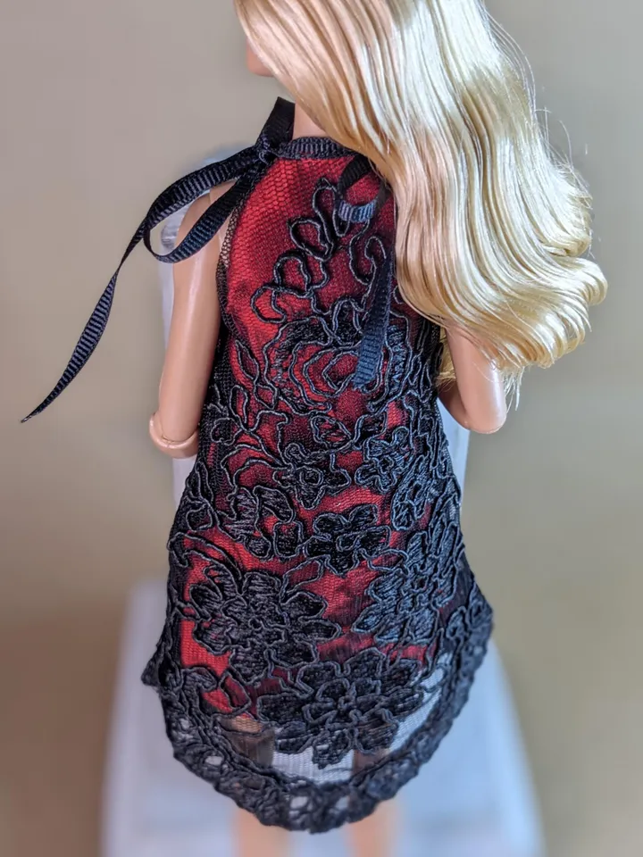 Handmade black & red lace dress for 13-inch fashion dolls