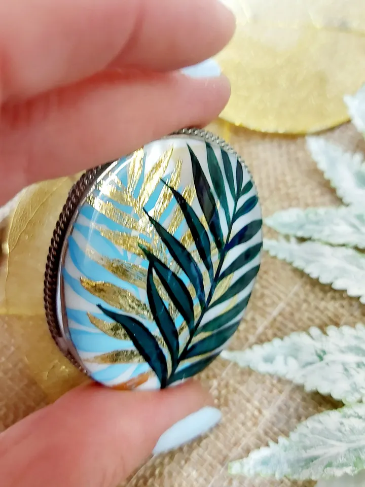 Brooches for women: Green leaves on pearl brooch for girl summer dress • trendy handmade jewelry • dainty painted pin with botanical design
