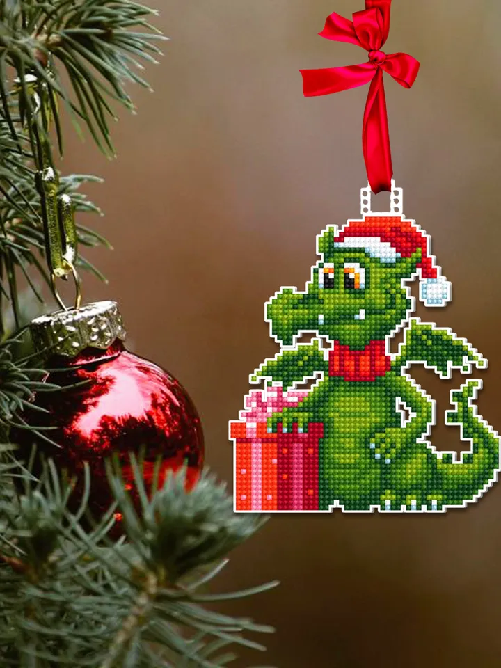 Christmas dragon cross stitch pattern PDF download Double-sided Christmas tree decor for plastic canvas, Small Green dragon pattern #N101