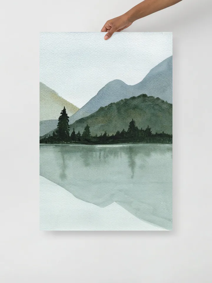Mountain Lake Print Set Of 2, Large Lake Painting, Minimalist Wall Art, Mountain Forest Art, Living Room Decor,