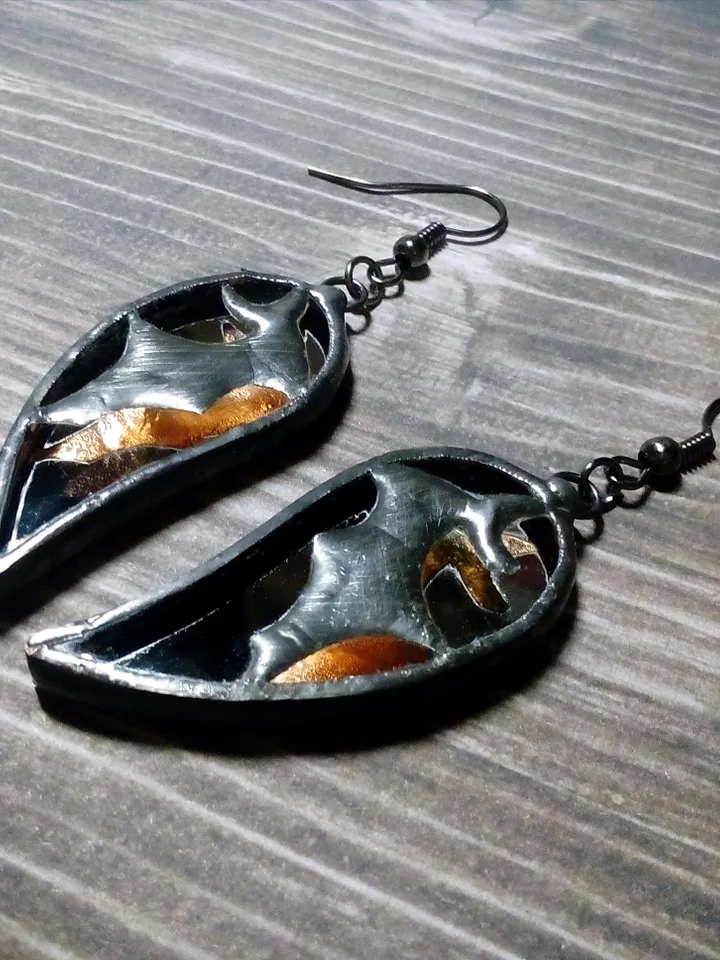 Glass black BAT mirror earrings, Goth black earrings, Halloween stained glass, Bat wings earrings, samhain