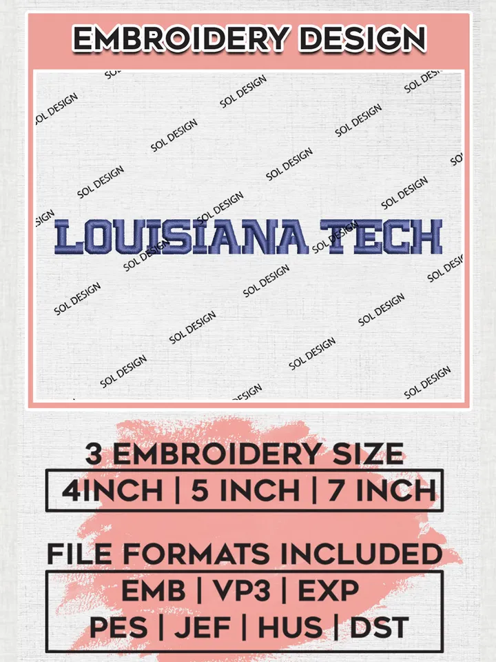 NCAA Louisiana Tech Team Word Logo Embroidery Design Files, NCAA Louisiana Tech Bulldogs Machine Embroidery, NCAA Teams, Game Day, 3 sizes, NCAA Machine embroidery designs, Digital Download