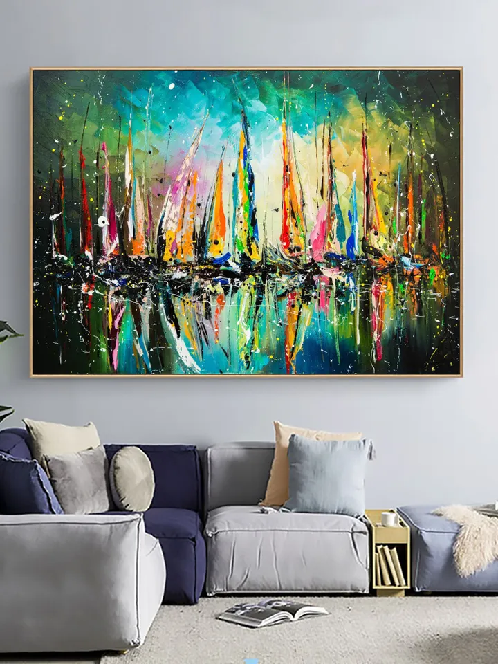 Original Painting On Canvas, Abstract Colorful Sailboat Oil Painting, Seascape Painting, Large Wall Art,Living Room Wall Decor,Wall Hangings