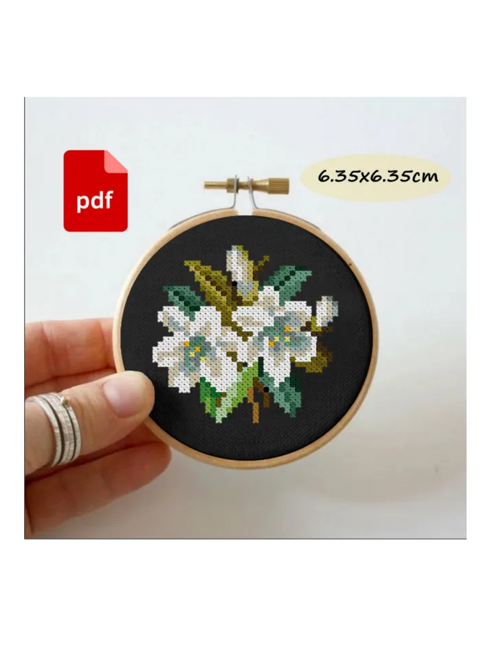 Antique flowers cross stitch pattern, Vintage white lilies cross stitch pattern