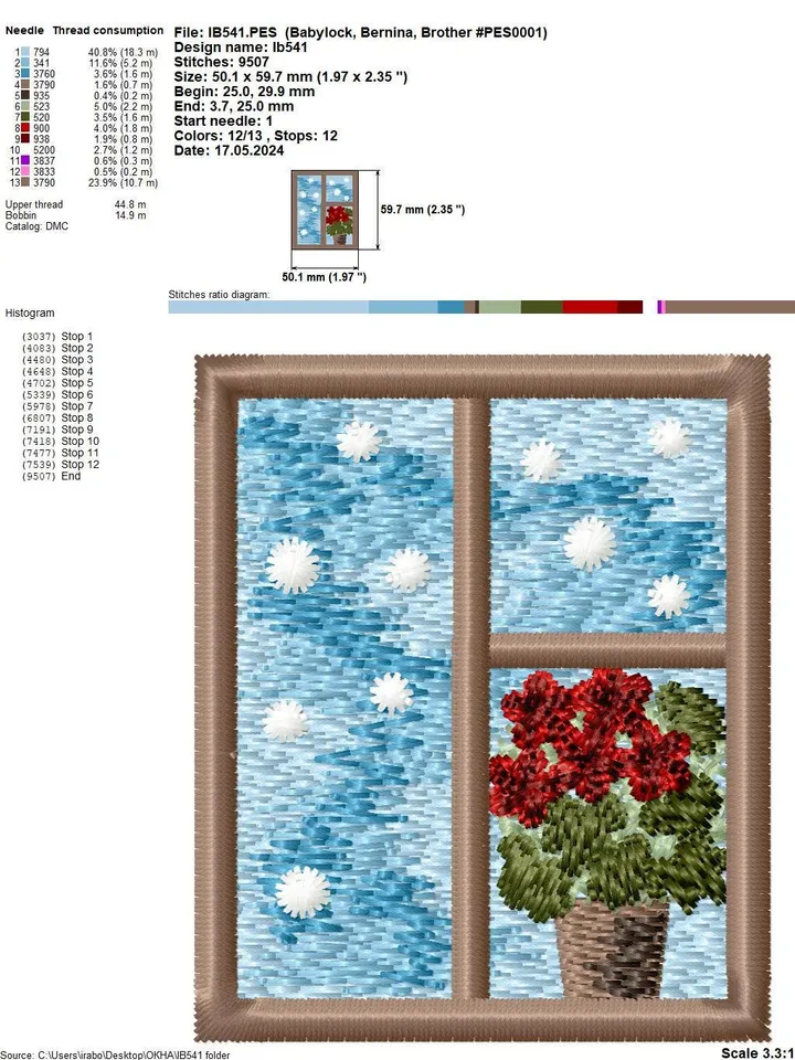 Machine embroidery design for art therapy: Brooch "Window with a flower"