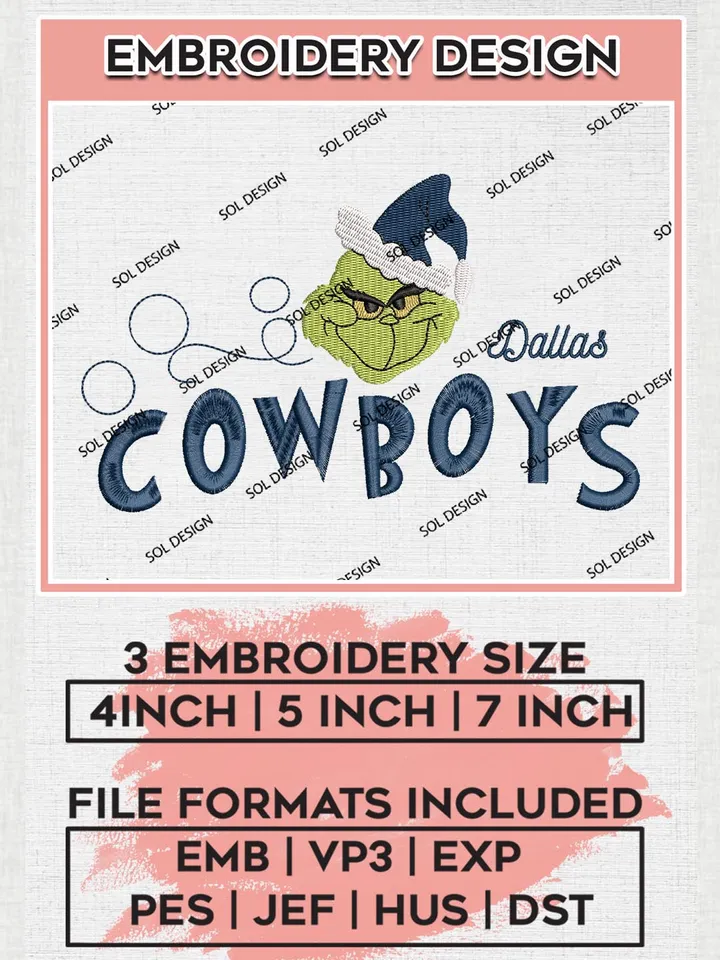 Christmas Grinch Dallas Cowboys Embroidery Designs, Grinch Embroidery Files, NFL Cowboys Machine Embroidery Designs, NFL Dallas Cowboys Logo, NFL Christmas Machine Embroidery Design, Digital Download