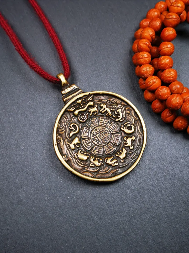 Gandhanra Vintage Tibetan Buddhist Calendar Badge,Manjusri Melong Mirror, SIPAHO Amulet(srid pa ho),Made of Brass,2.28"