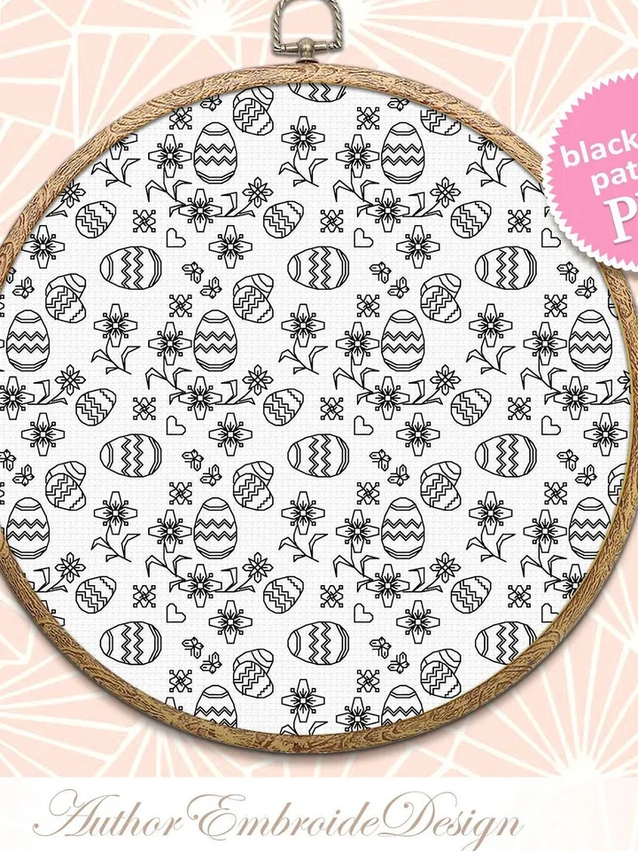 Easter sampler blackwork pattern PDF Monochrome backstitch repeating pattern embroidery, Blackwork embroidery download PDF, Easter eggs #W17