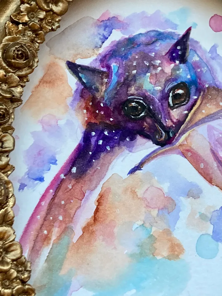 Framed Bat Watercolor Painting Original Cute Bat Art Wild Animals Decor Whimsigoth Art