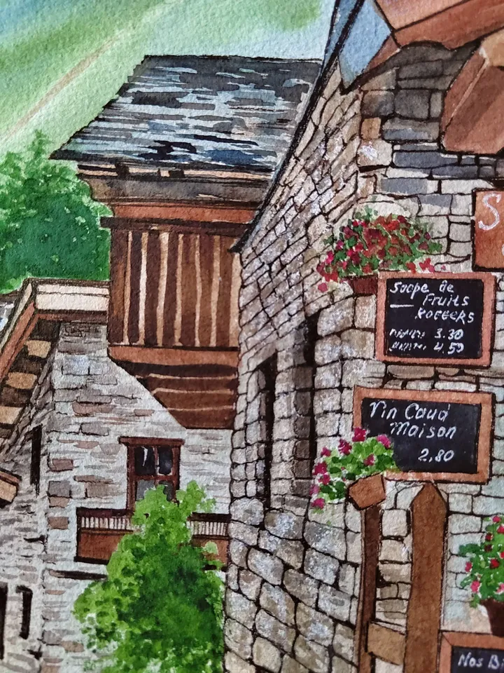 Stone Houses Artwork Medieval Village Art Alpine Village Picture 15x11 in Original Watercolor Painting by SoftWaves