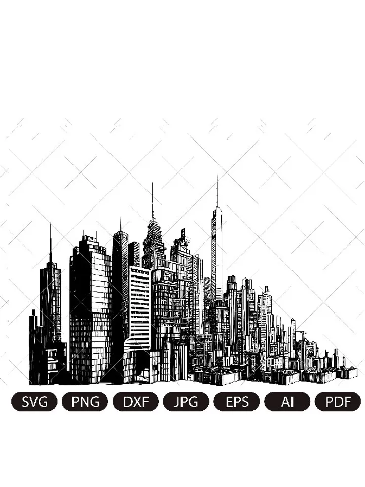 City silhouette vector/ Horizontal City landscape SVG/ Downtown landscape with high skyscrapers/ Panorama architecture buildings/ Urban life