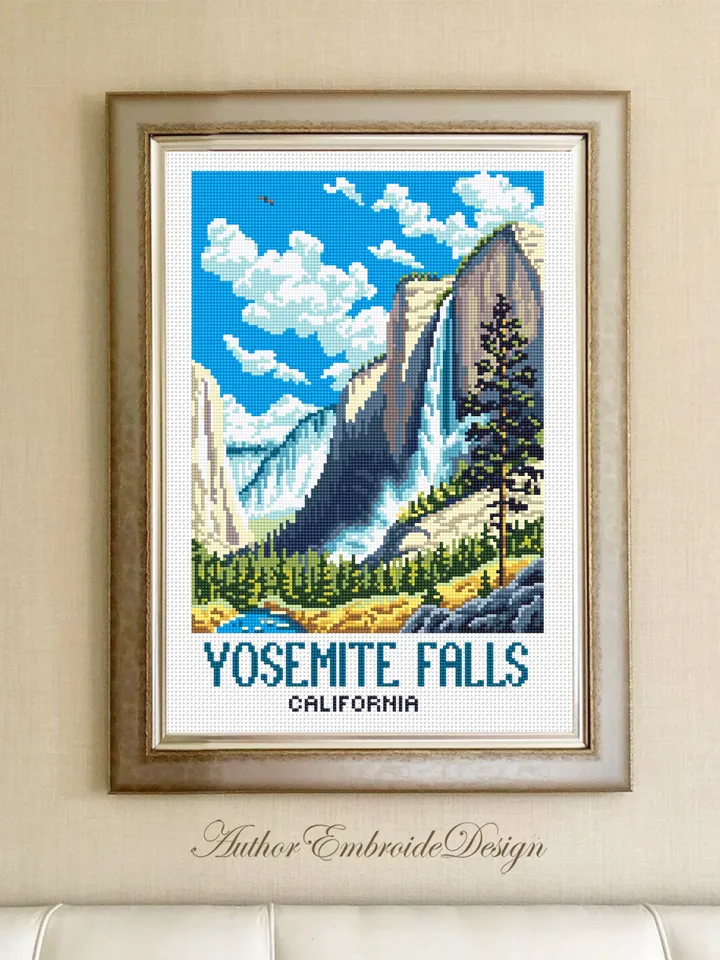 Yosemite falls national park cross stitch pattern PDF download Travel poster cross stitch chart, Mountain landscape pattern digital PDF #L96