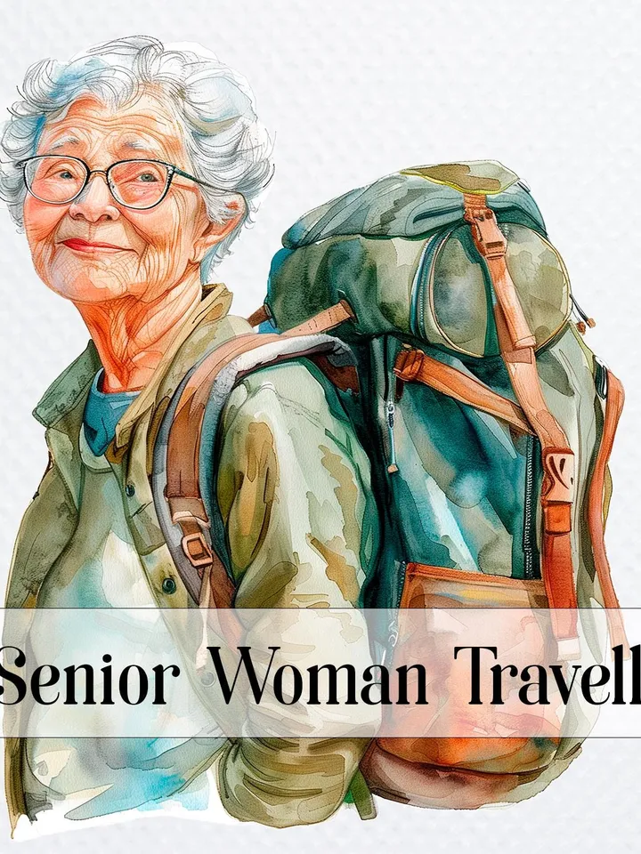 14 Senior Woman Travelling PNG Bundle, Traveller, hiking,  Watercolor clipart, High Quality,  Paper craft, junk journals