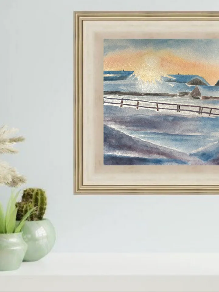 Winter village original watercolour painting
