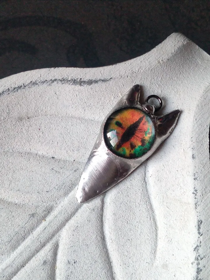 CAT necklace, cat eye tin soldered pendant, cat lovers jewelry, Halloween necklace, witchy aesthetic, goth bat pendant