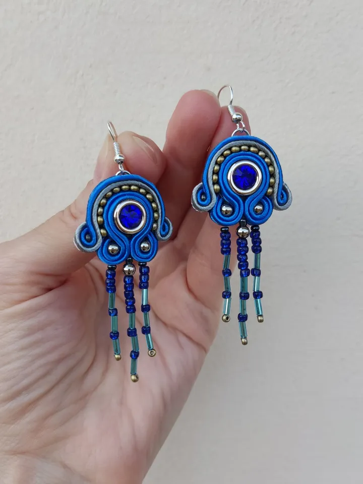Blue earrings, Long beaded earrings, tassel earrings, embroidered soutache earrings Bohemian earrings