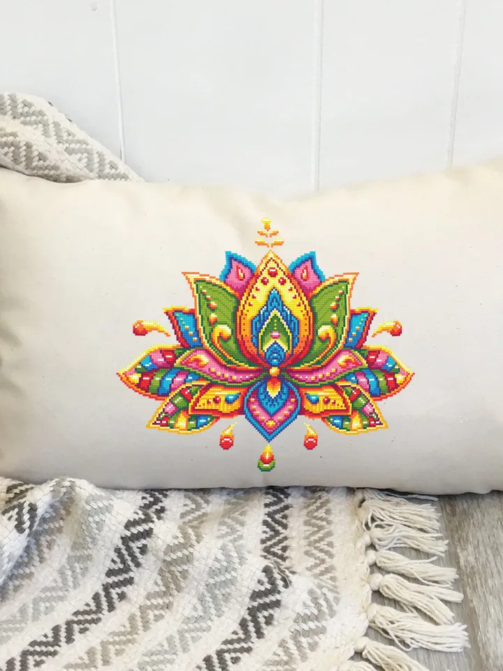 Lotus flower mandala cross stitch pattern PDF download Floral mandala embroidery PDF, Rainbow lotus cross stitch chart, Lotus mandala #M197