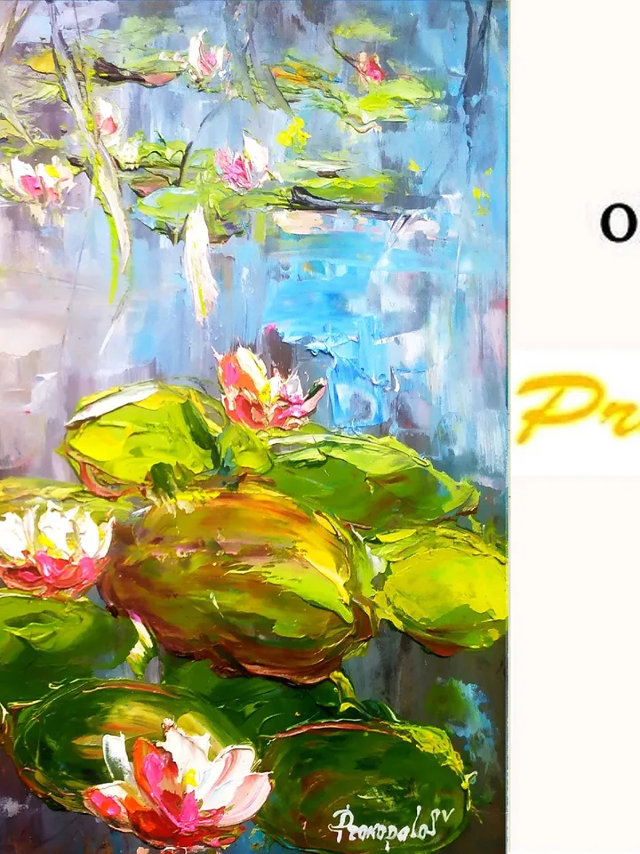 Lotus Painting Water Lily Original Art Impasto Flower Painting Floral Oil Artwork 10 by 12 inches by ArtProkopaloSv