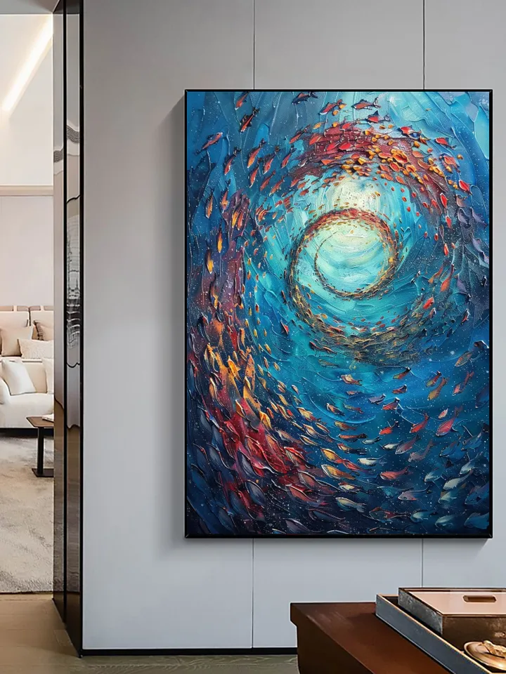 Original School of Fish Oil Painting On Canvas, Abstract Blue Underwater World Art, Ocean Painting, Custom Painting, Living Room Wall Art