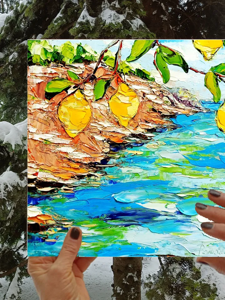 Italy Painting Lemon Original Art Impasto Oil Painting Coastal Painting Seascape Painting Sorrento Abstract Italy Painting by ArtProkopaloSv