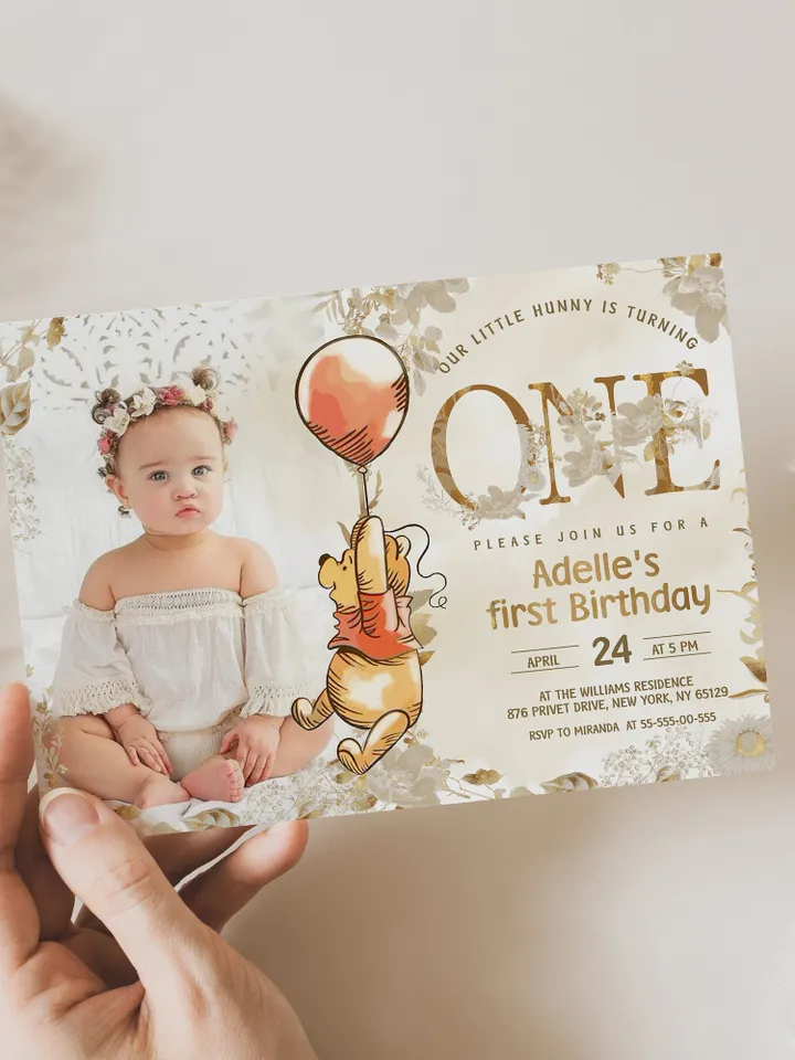 Winnie the Pooh Inspired First Birthday; Classic Winnie Pooh Invitations; Neutral Winnie Pooh Turning One; Winnie Pooh Birthday Party poom88