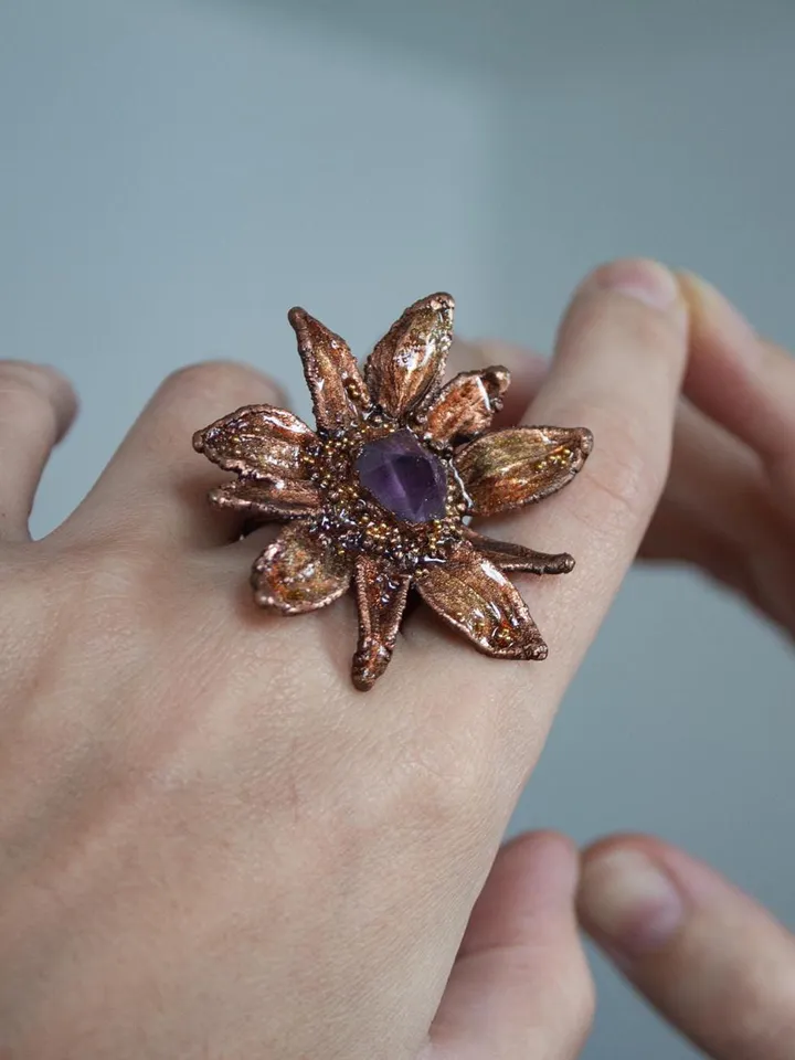 Unique handmade electroformed ring with amethyst