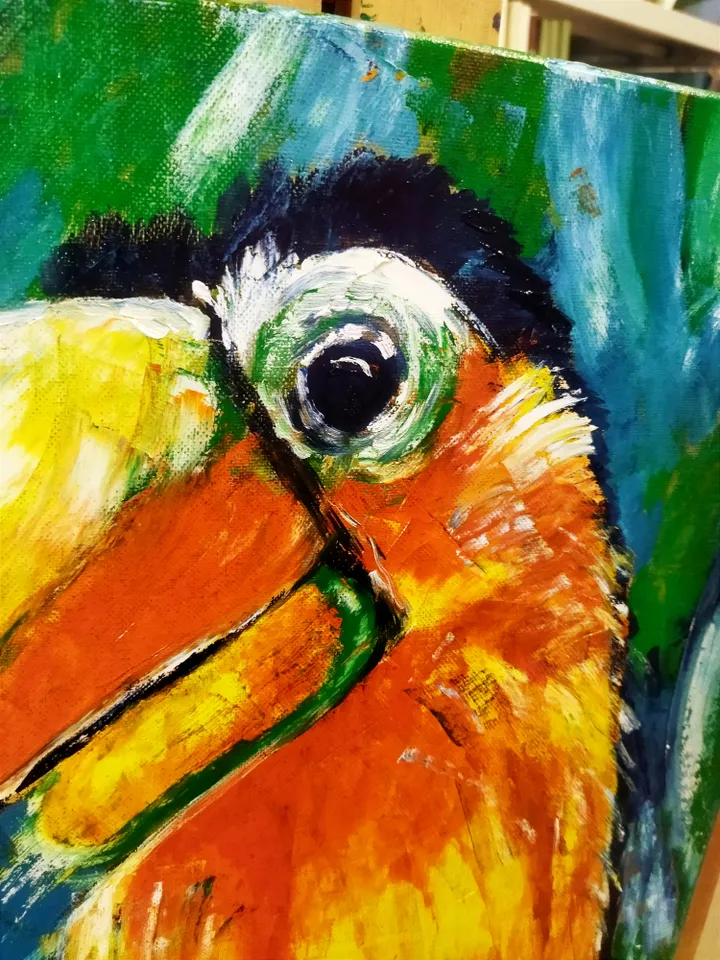 Oil painting on canvas with a bird