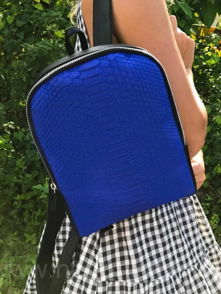 Genuine python skin small backpack | leather backpack electic blue | small designer rucksack | Exotic leather bags | Women handmade bags