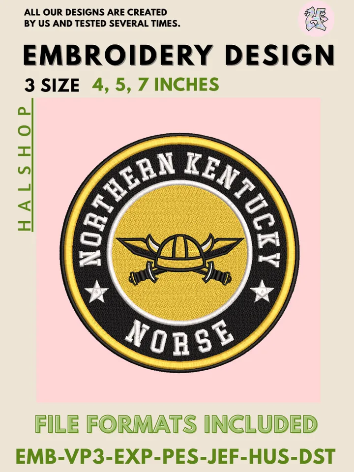 NCAA Northern Kentucky Norse College Logo Embroidery Design – Classic Team Pattern, 3 Sizes Machine Embroidery Files, Instant Digital Download