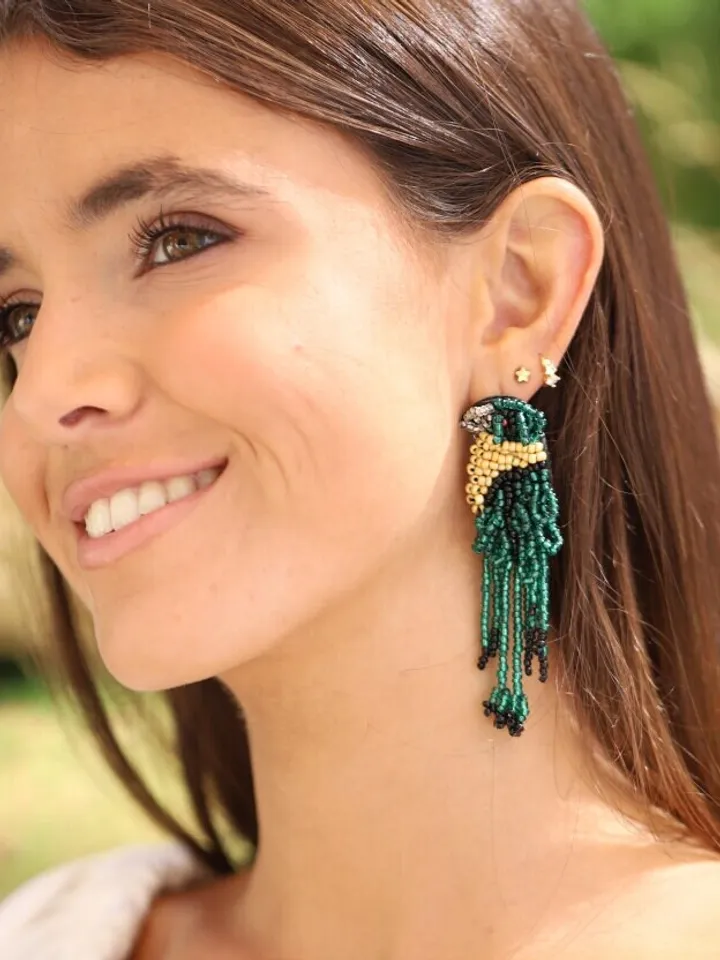 Parrot Beaded Boho Wedding Earrings For Brides, Bridesmaid Gift, Bohemian Jewelry, Hippie Jewellery, Bridal Boho Earrings, Statement Jewelry