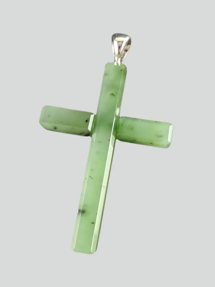 Green jade christian cross pendant religious spiritual jewelry.