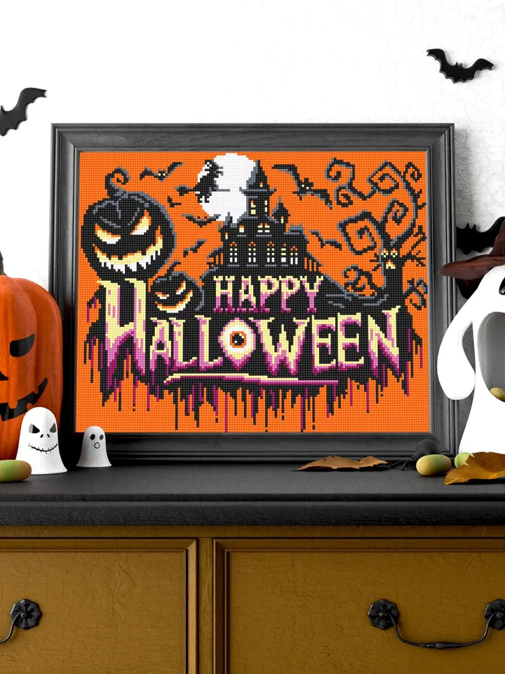 Happy halloween cross stitch pattern download PDF Halloween pumpkin cross stitch chart, Spooky pattern digital PDF, Haunted house #H82
