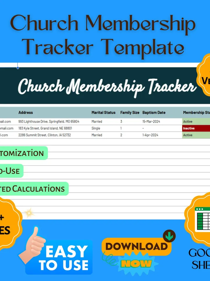 Church Membership Tracker Template, Church Attendance & Member Database, Congregation Growth Management Spreadsheet