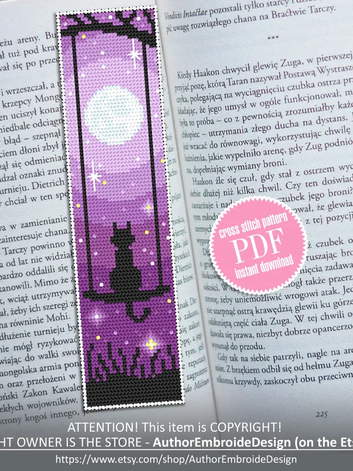 Cat Bookmark cross stitch pattern download PDF Funny handmade bookmark digital PDF, Cute Black cat embroidery, Starry night sky, Moon #B109