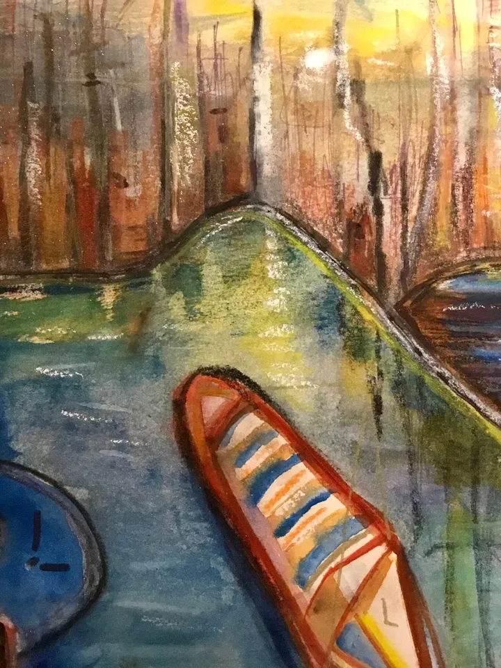 Fantasy cityscape with a boat,original watercolour mix media painting on watercolour 350 g paper,fantasy landscape wall hanging.